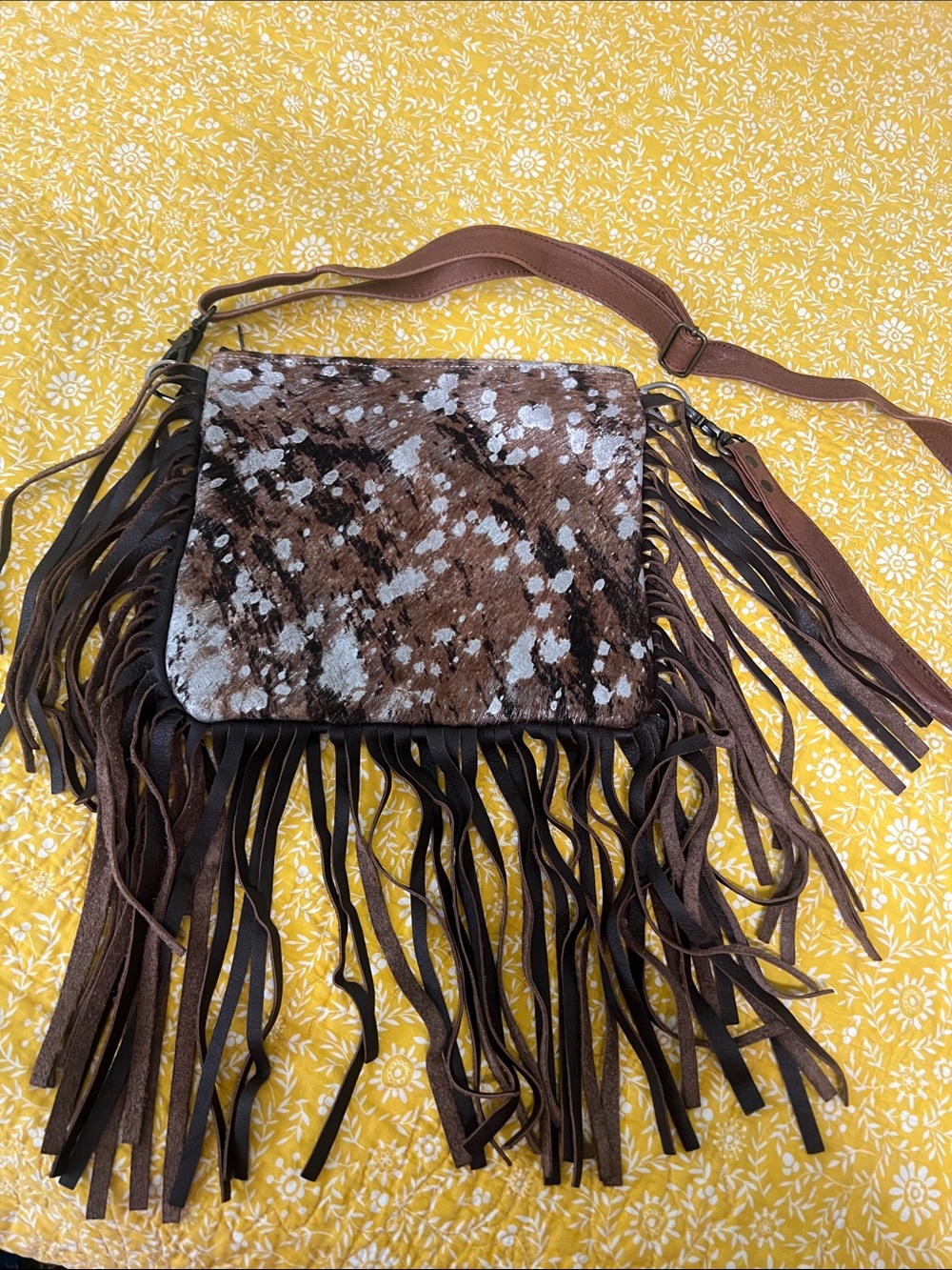 Fringe Crossbody Bag with Brown Speckled Haircalf Flap